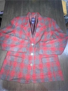 Women’s Sz L GAP Red and Gray Plaid Wool Blend Blazer Style Jacket